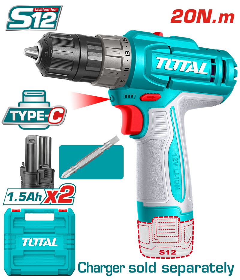 شنيور 12 فولت 2 بطارية تايب سي (Type-C) توتال - TDLI12206