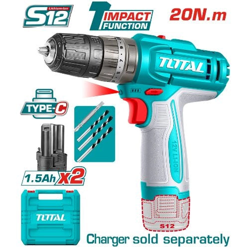 شنيور 12 فولت دقاق 2 بطارية تايب سي (Type-C) توتال - TIDLI12206