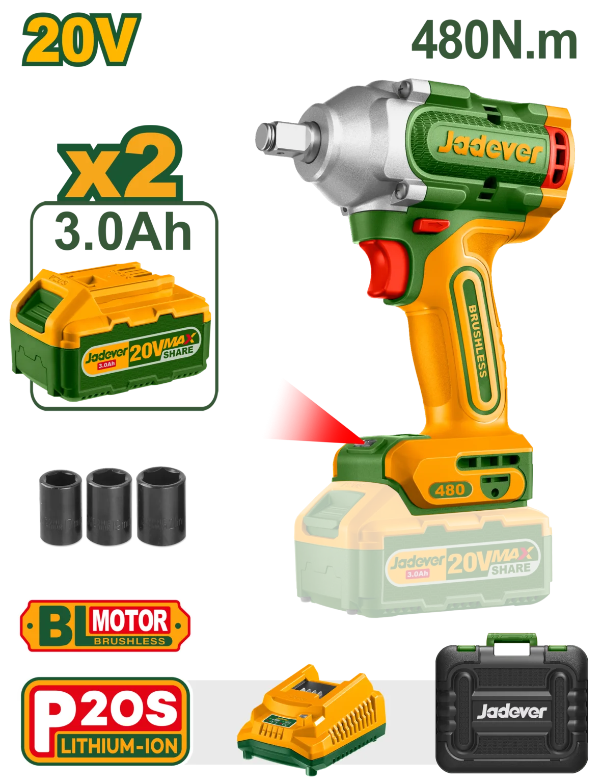 JDCD1B48 دريل 1/2" براشليس 20 فولت 3 سرعات ( عزم 480 : 600 نيوتن) 2 بطارية 3 امبير + شاحن 3 لقم رباط شنطة بلاستيك - JDCD1B48 - Image 1