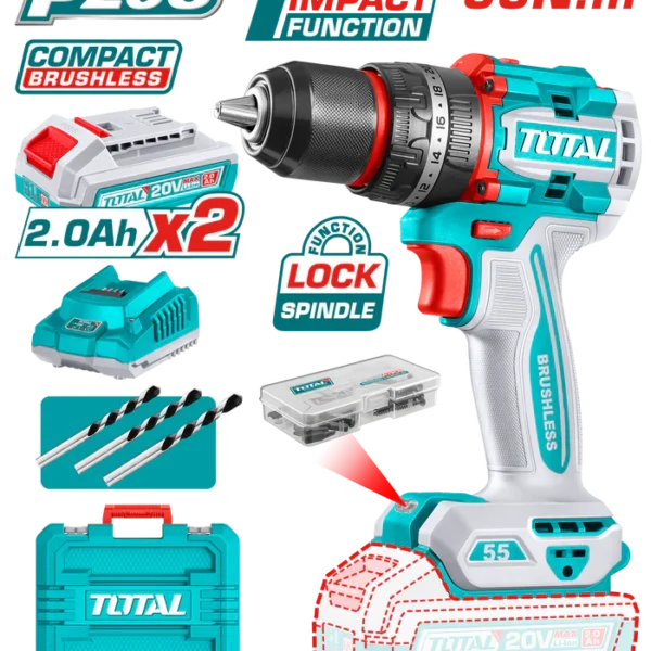 شنيور توتال 20 فولت 55 نيوتن دقاق مع 2 بطارية و شاحن - TIDLI20558