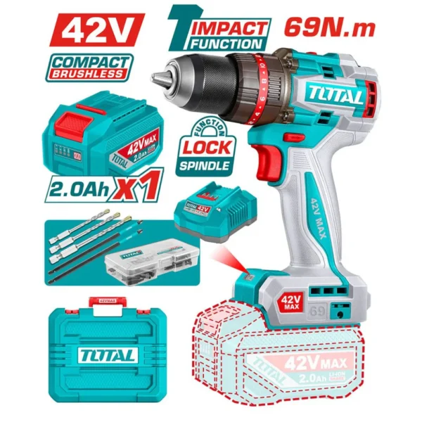 شنيور توتال 42 فولت 69 نيوتن مع بطارية و شاحن - TIDLI426981