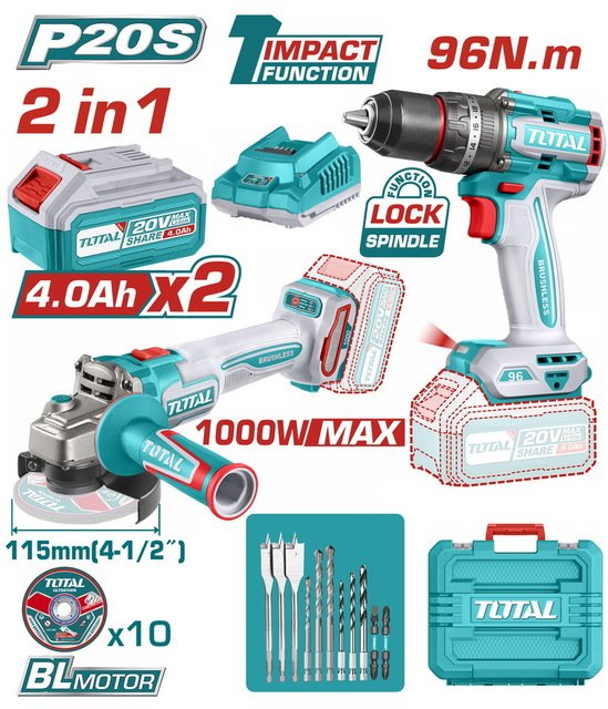 TOSLI241298 طقم كومبو توتال شنيور توتال 96 نيوتن مع صاروخ توتال 4.5 بوصة و 2 بطارية 4 امبير و شاحن - TOSLI241298 - Image 1