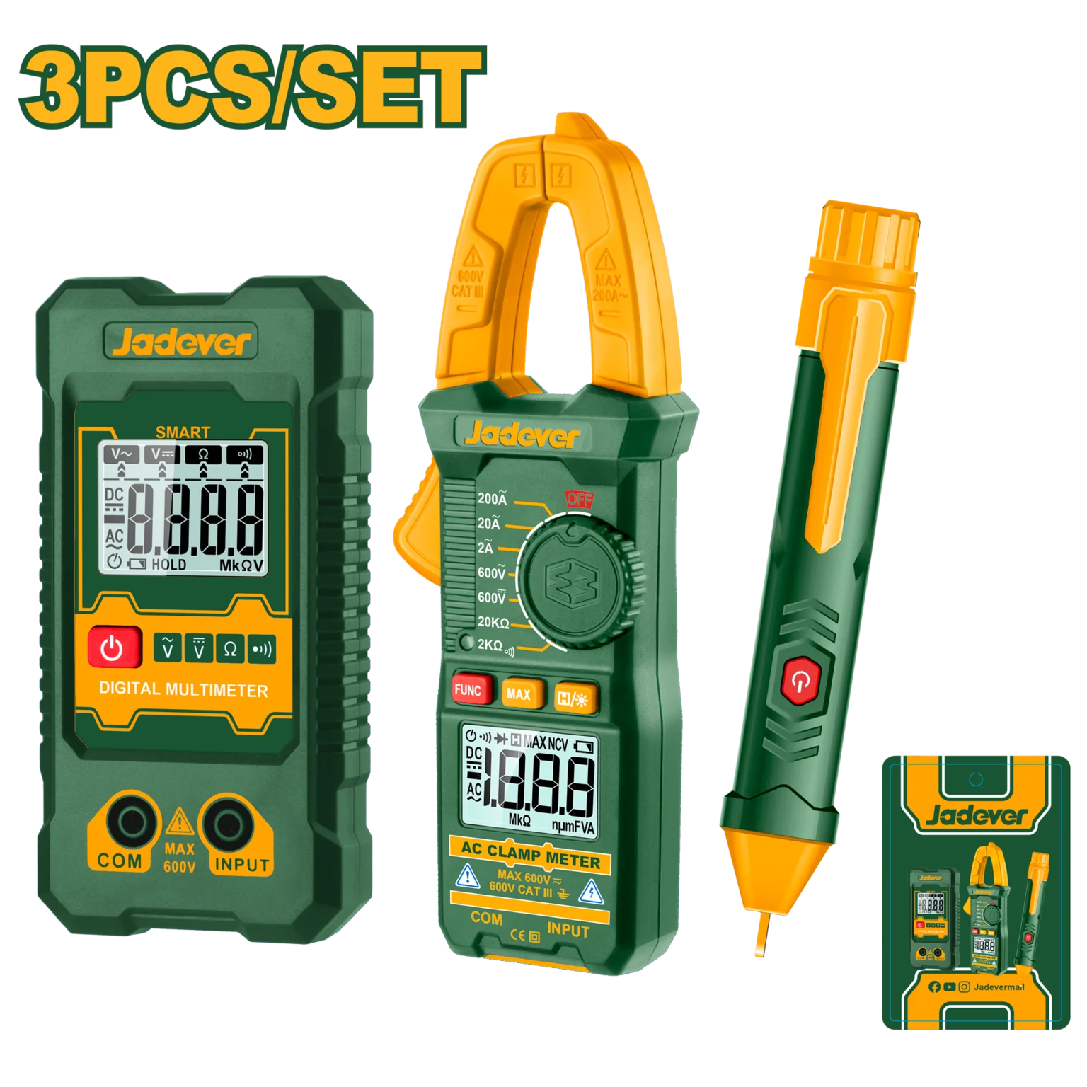 JDDM94011 طقم معدات قياس كهرباء 3 قطع بنسة كلامب أمبير 200 أمبير + جهاز مالتيميتر ديجيتال 600 فولت + جهاز كشف التيار الكهربائي 12 فولت 1000 فولت/تيار متردد - JDDM94011 - Image 1