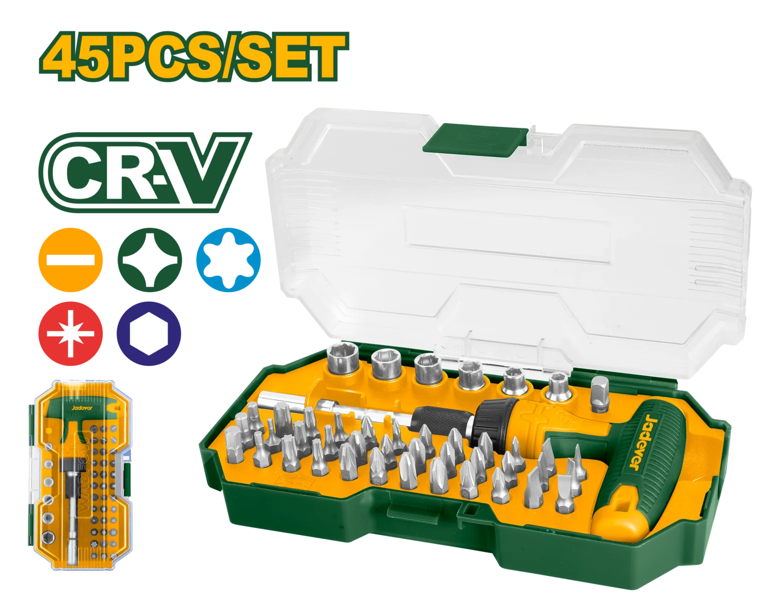 JDSS8B45 طقم يد حرف T مفك سيستيم 45 قطعة لقم 4 / 1" + سنون مفك علبة بلاستيك - JDSS8B45 - Image 1