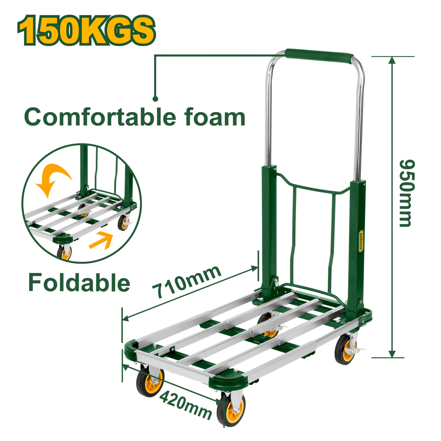 JDWB9A15 عربة يدوية قابلة للطي تتحمل حتي 150 كجم الحجم الممتد 950*420*710 مم الحجم المطوي 530*420*530 مم - JDWB9A15 - Image 1
