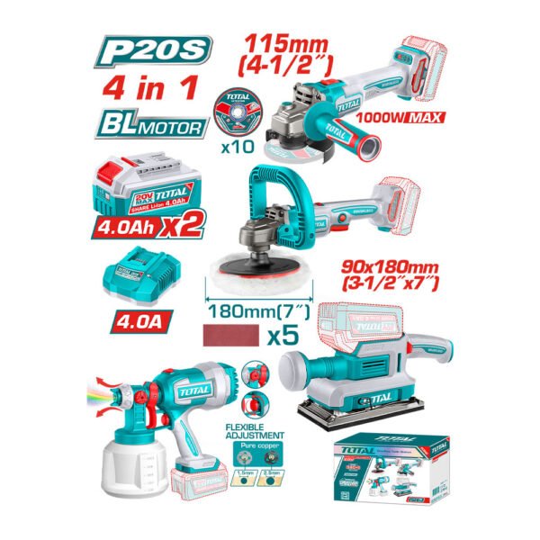 طقم كومبو 20 فولت 4 قطع صاروخ 4.5 بوصة و صاروخ تلميع و صنفرة و مسدس رش دوكو مع 2 بطارية 4 امبير - TOSLI250696 توتال تولز