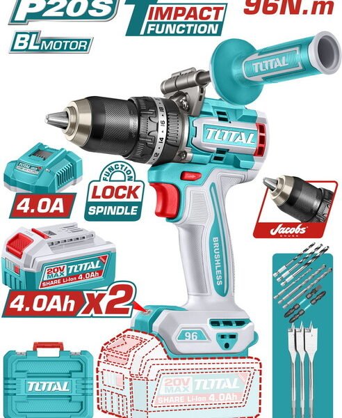 شنيور 96 نيوتن 20 فولت مع 2 بطارية 4 امبير و شاحن سريع - TIDLI209686 توتال تولز