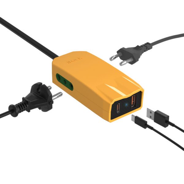 مشترك ميني 2 مخرج + شاحن C+A سريع  1.5 متر اي لوك - اصفر