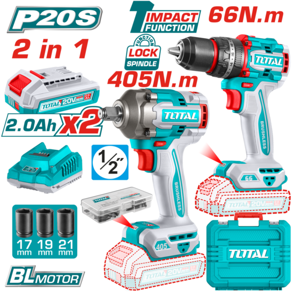 طقم كومبو 20 فولت 2 قطعة شنيور 20 فولت 66 نيوتن مع دريل 20 فولت 405 نيوتن  و 2 بطارية 2 أمبير و  شاحن توتال - TCKLI20286 - TCKLI20275