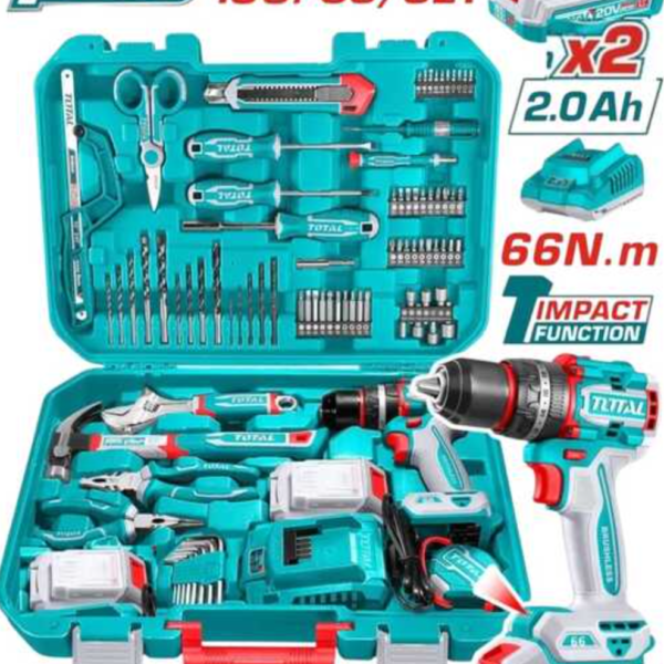 شنطة عدة 166 قطعة مع شنيور 20 فولت ( 2 بطارية ) توتال - THKTHP11662