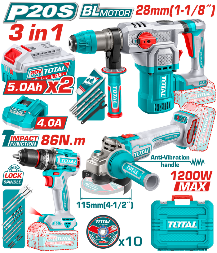 TOSLI251195_700x.png طقم كومبو 20 فولت 3 قطع هيلتي 28 مم و شنيور 86 نيوتن و صاروخ 1200 وات 2 بطارية 20 فولت 5 امبير توتال - TOSLI251195 - Image 1